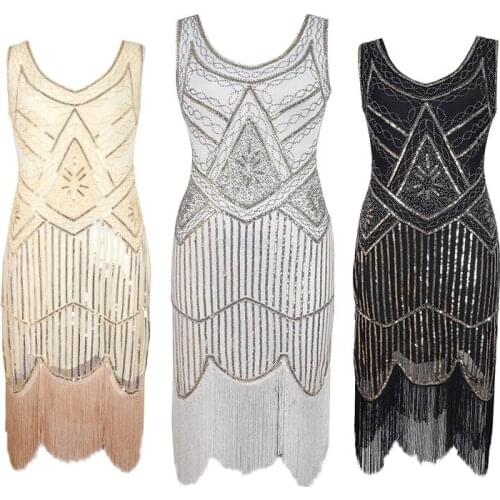 Women Party Dress Robe Femme 1920s Great Gatsby Flapper Sequin Fringe Embroidery Midi Dress Summer Art Deco Retro Black Dress
