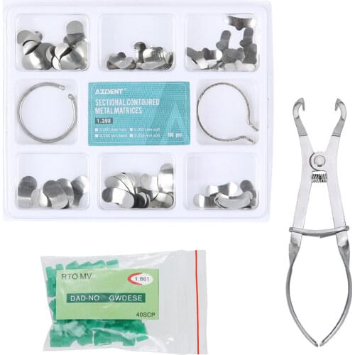 AZDENT 100Pcs Full Kit Dental Matrix Sectional Contoured Matrices +40 Pcs Silicone Add-On Wedges Contoured Metal Matrices Plier