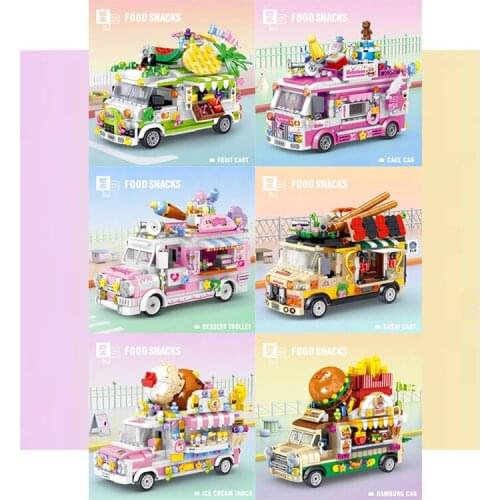 Street View Food Snacks Storage Box Sushi Dessert Trolley Cake Cart Ice Cream Hamburg Car Building Blocks Kids Toys For Children