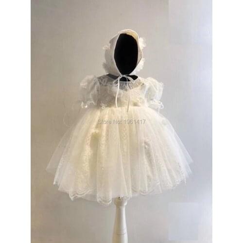 Baby Toddler Flower Lace Dress suit Dress for 1st First Baby Girl Birthday Outfits Infant Christening Gown 2 Pieces dress+hat