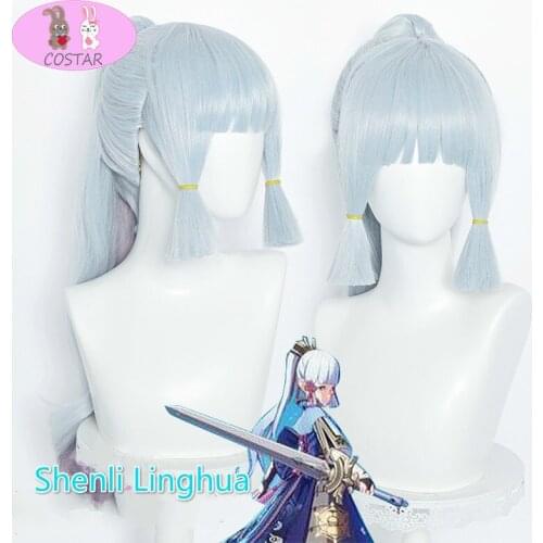 Genshin Impact Cosplay Shenli Linghua Wig Kamisato Ayaka Silver 75cm Long Straight Ponytail Bangs Temples Heat Resistant Hair