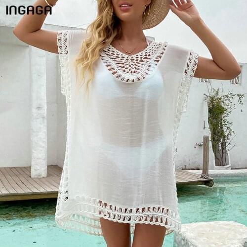 INGAGA Sexy Womens Swimwear 2021 Hollow Out Dress Short Sleeve Beach Cover Up Transparent Mesh Women Swimsuit V-neck Dresses
