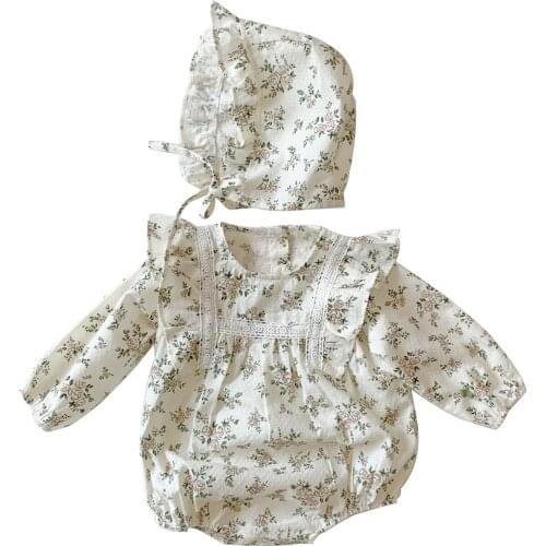 Baby Girls Two-piece Clothes Set, Beige Floral Printed Pattern Long Fly Sleeves Romper and Cap