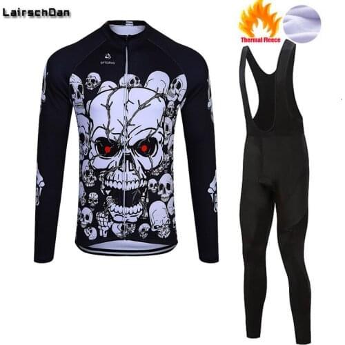 LairschDan Fietskleding Heren Winter Thermal Fleece Cycling Jersey Set Mens Warm Bicycle Clothing Long Sleeve Skull Bike Clothes