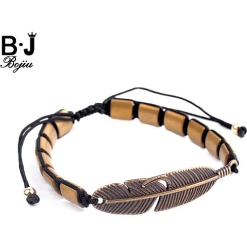 Bojiu Brand Natural Stone Silvery Bar Leaves Antique Gold Argent Pendant Square Stone knotted Adjustable Size Bracelet Men MBC54