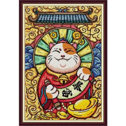 Joy Sunday Lucky Cat Animal Pattern Cross Stitch Set 11CT 14CT Counting and Punching Needlework Embroidery Kit Home Decor Gift