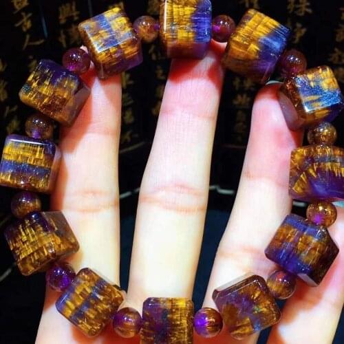 Genuine Natural Cacoxenite Auralite 23 Purple Rutilated Quartz Bracelet 12mm Cube Round Beads Women Men AAAAAA