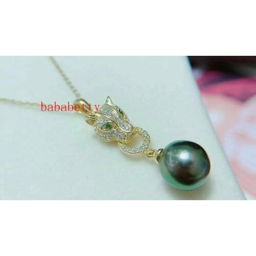 New Natural Black Shell 12MM Tibetan Silver Leopard Head Pendant Necklace