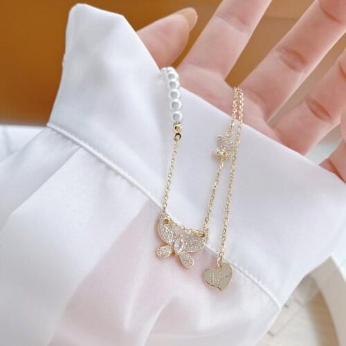 Korea New Fashion Jewelry 14K Gold plated zircon Butterfly Love Pendant Necklace Elegant Womens Adjustable Clavicle Necklace