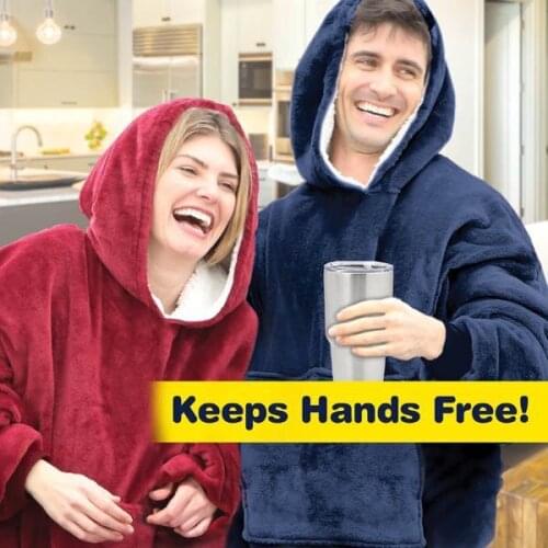 Solid Color Gray TV Blanket with Sleeves Women Oversize Warm Hoodie Blanket Flannel Wearable Blanket with Pocket