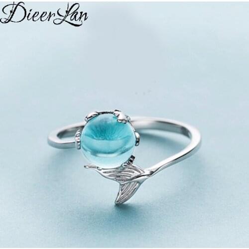 Personality Fashion Vintage 925 Sterling Silver Blue Mermaid Tail Fish Rings For Women Punk Thai Silver Resizable Rings