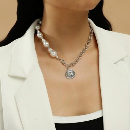 NEW Bohemian Imitation Pearl Chain Choker Necklace Collar Statement Carved Coin Angel Pendant Necklace for Women Jewelry