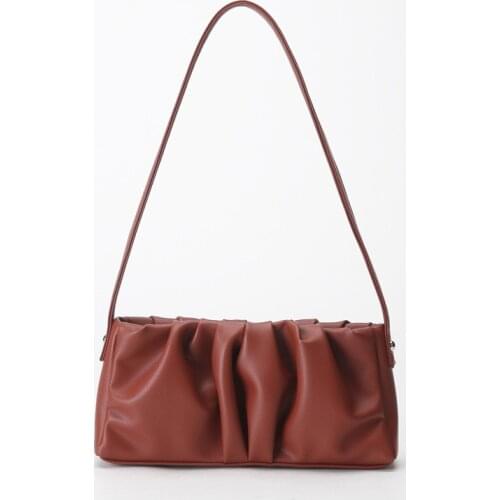 Split leather women small flap handbag ruched solid baguette bags