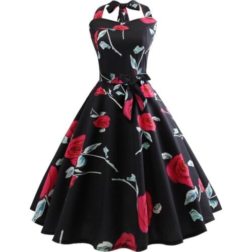 Retro Vintage Style Sleeveless with Bow 3D Skull Floral Printed 2018 Summer Floral Women Dress Halter Party Sexy Casual Dress