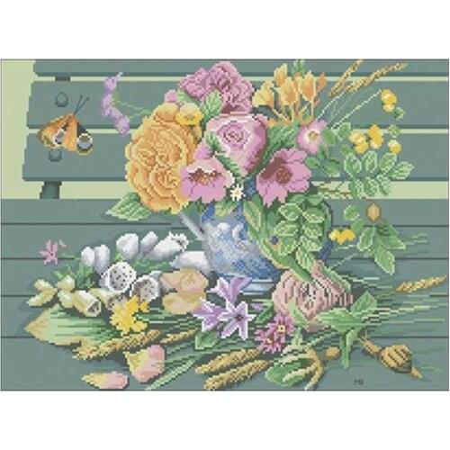 Flowers on the bench patterns Counted Cross Stitch 11CT 14CT 18CT DIY Chinese Cross Stitch Kits Embroidery Needlework Sets