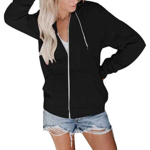 Sports Women Solid Color Long Sleeve Hoodies Zipper Hooded Sweatshirt Jacket