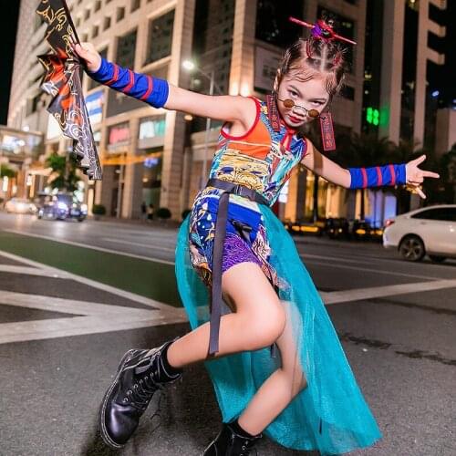 Girls Jazz Dance Costumes Catwalk Show Stage Performance Clothing Chinese Style Blue Suit Hip Hop Street Dance Outfits DQL5625