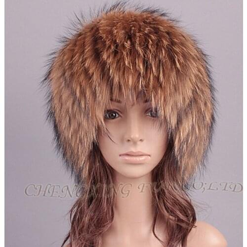 CX-C-215A Natural Color Handmade Genuine Raccoon Fur Knitted Hat