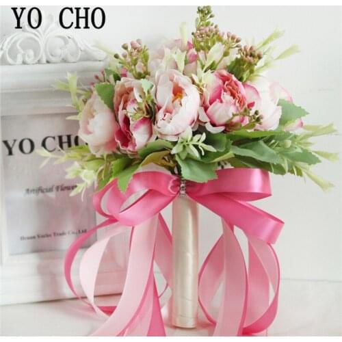 YO CHO Artificial Peony Wedding Bouquet Bridal 18 Heads Silk Peony Artificial Flowers Wedding Bouquet in Pink White Marriage