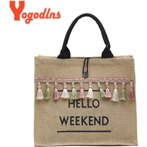Yogodlns Casual Linen Tassel Handbags Women Large Capacity Shoulder Bags Letter Pattern Linen Casual Totes Big Shopping Pouch
