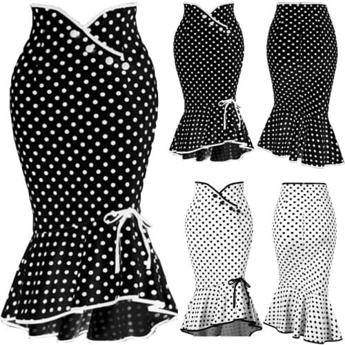 Summer Fashion Women High Waist Mermaid Skirt Polka Dot Knee Length Trumpet Skirts Lady Office Wear Skirts