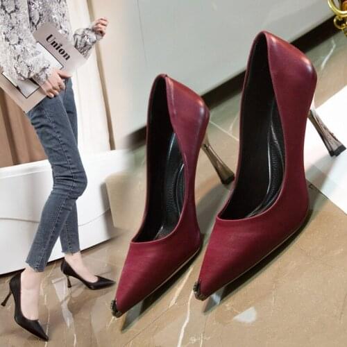 Women High Heels Brand Female Pumps Two Piece Colorful Metal Decoration Fashion Women Shoes Pointed Toe Casual Shoes 2020 Plus