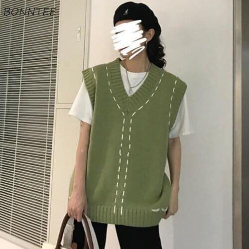 Sweater Vest Womens V-Neck Patchwork Autumn All-match Feminino Clothing Sleeveless Knitted Wear Stylish Popular Korean Version