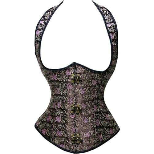 Womens Embroidery Halter Steel Boned Lace up Underbust Gorgeous Jacquard Weave Corset Waist Training Bustiers Buckle Top