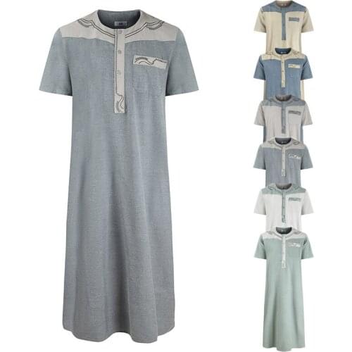 BianFeng Mens Muslim Arab Thobe Thawb Caftan Zipper Closure Jubba Thobe Short Sleeve Hipster Abaya with Pocket