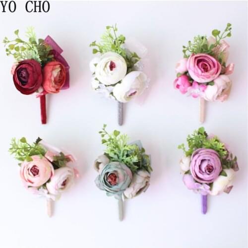 YO CHO Handmade Silk Flower Wrist Corsage Wedding Rose Bridesmaid Hand Flower Men Boutonniere Wedding Dancing Party Decoration
