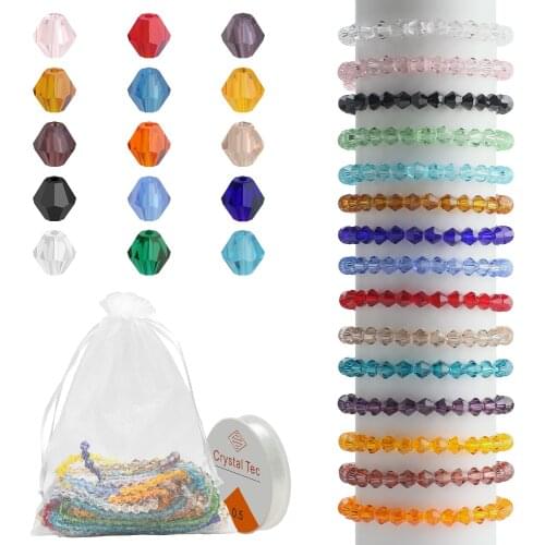 15Colors 1350Pcs 4mm Crystal Glass Bicone Beads With Elastic Strings for DIY Jewelry Making Beading Necklace Earrings Bracelets