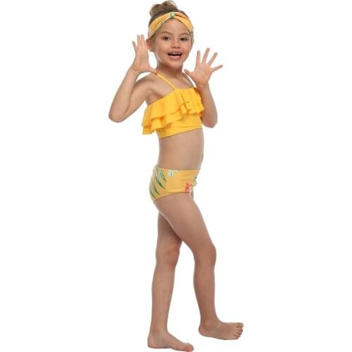 Children Split Swimsuit Set Girls Solid Color Sleeveless Cropped Tops with Ruffle+Floral Print Panties Summer Suits for 2-15T