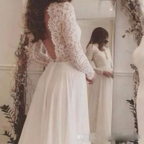 2020 lace Long Sleeve a line Wedding Dress chiffon Bridal Gown Open Back Vintage boho beach Wedding Gowns Vestidos De Noiva