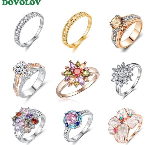 Dovolov Fashion Crystal Shiny Zircon Wedding Flower Rings For Women luxury Finger Cocktail Party Statement Rings Jewelry D3