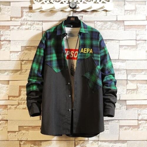 Harajuku Japan Style Flannel Plaid Mens Shirt 2020 Hip Hop Patchwork Button Up Long Sleeve Shirt Couple Korean Harajuku Clothing