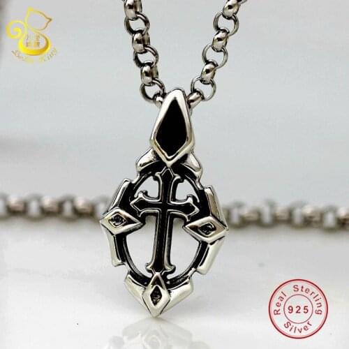 Vintage Fine Jewelry Punk Statement Necklace Trendy Male Genuine Silver Black Cross Crystal Necklace & Pendant For Men Jewelry