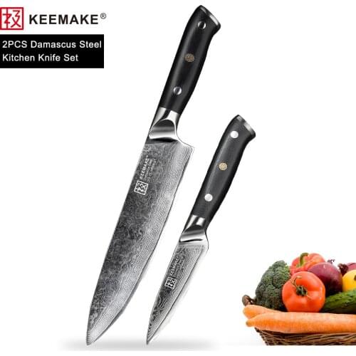 KEEMAKE Chef Paring Knife Japanese Damascus VG10 Steel Razor Sharp Blade 2PCS Kitchen Knives Set G10 Handle Meat Cutting Tools