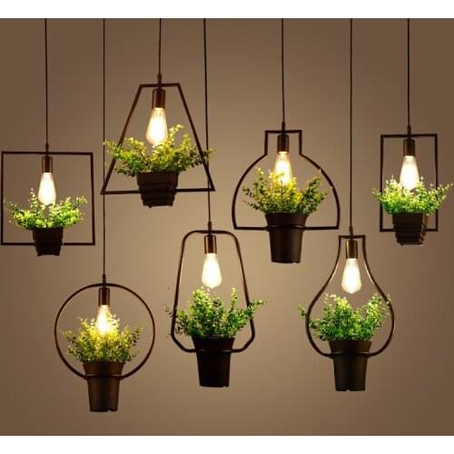 Nordic LED E27 Wrought Iron Black Painted Geometric Pendant Light with Fake Plant Decoration for Dining Room Cafe Bar