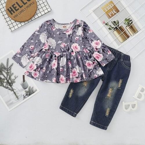 Autumn Baby Girl Costume Long Sleeve Flower Print T-shirt Dress+Hole Design Denim Pants Set For Baby Girl
