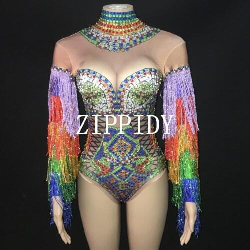 Sexy Colorful Rhinestones Fringes Leotard Costume Womens Birthday Prom Celebrate Outfit Bar Evening Women Dancer Bodysu
