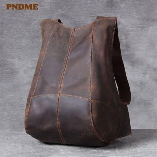 PNDME mens womens genuine leather small backpack simple retro waterproof designer high quality crazy horse cowhide bagpack