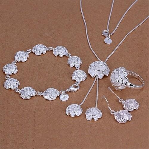 Selling silver color jewelry sets temperament pretty rose flower pendant necklace bracelets Drop Earrings ring S297