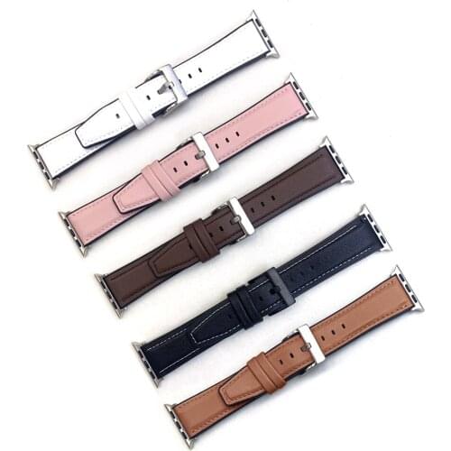 For Apple Watch Band 44mm Leather 304 Stainless Buckle Pure Color Strap for Apple Watch 40mm 42mm 38mm Watch SE Wristband
