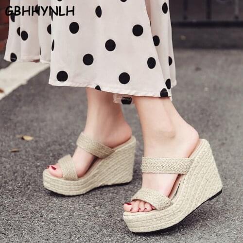 GBHHYNLH Womens Slippers Summer Beach Casual Shoes Sexy Flip Flops Female Slides Bohemian Slippers Wedge striped LJA648