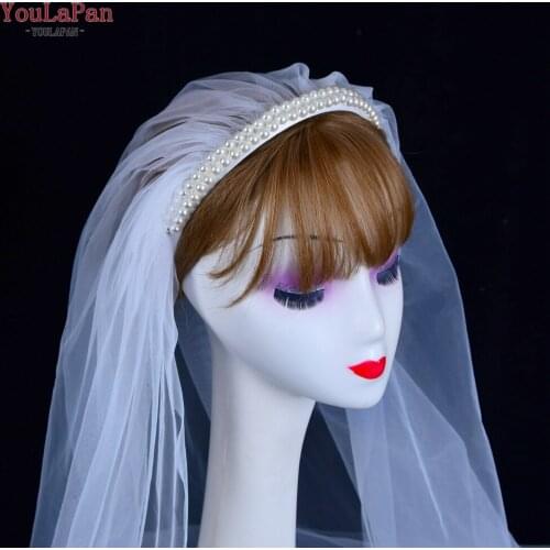 YouLaPan V58 Hot Sell Wedding Veils for Brides Pearls Head Hoop Waltz Length Wedding Veil White Ivory 1 Tier Church Wedding Veil