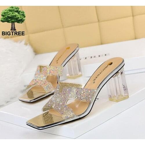 BIGTREE Fashion PVC Women Shoes Summer Square Heel Peep Toe Slippers Shallow Novelty Patchwork Party Crystal Decoratio Sweet