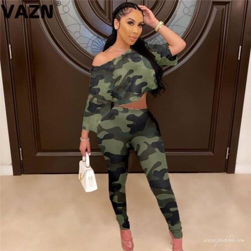VAZN 2020 Hot Camouflage High Waist Free Lazy Young Daily Sexy Designer Full Sleeve High Waist Long Pants Slim Women 2 Piece Set