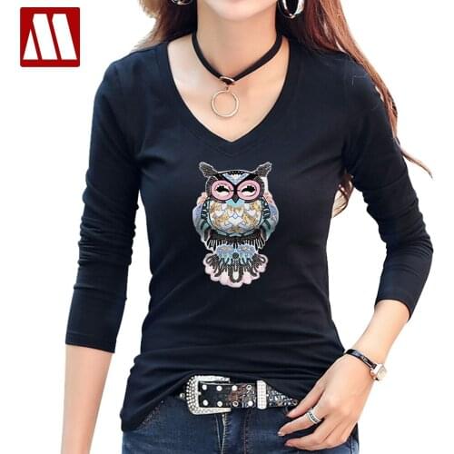 High Street Blusa Plus Size 5XL Feminina Autumn Embroidery Sequin Owl Tee shirts Women T-shirt Big Size Full Sleeve Cotton Tops
