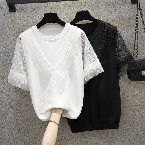 L-4XL plus size women lace shirt pullover 2021 short sleeve o neck Patchwork loose casual solid Oversized kint sweater jumper