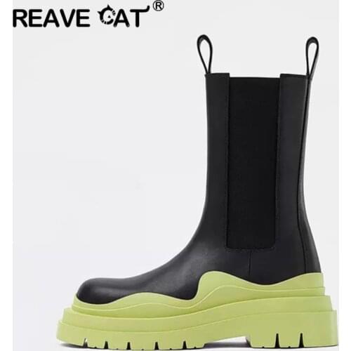REAVE CAT 2021 Ankle Boots Chelsea Platforms Mid Calf Candy Color Elastic Band Slip On Thick Sole US8 9 Blue Pink Green A4482